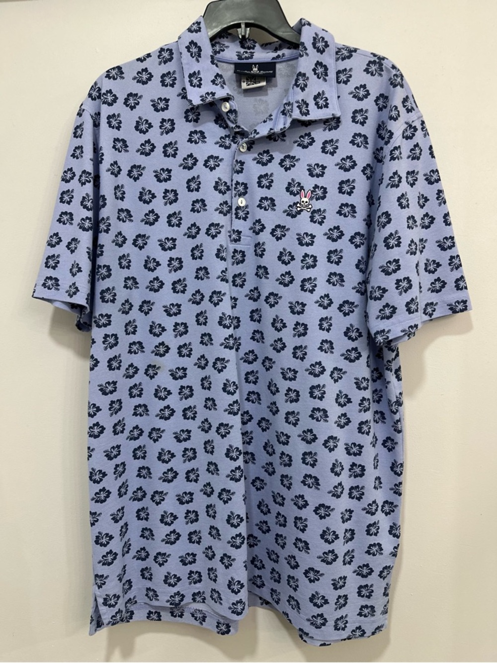 🐰Psycho Bunny Men’s XXL Blue Floral Print Polo Shirt Short Sleeve👕